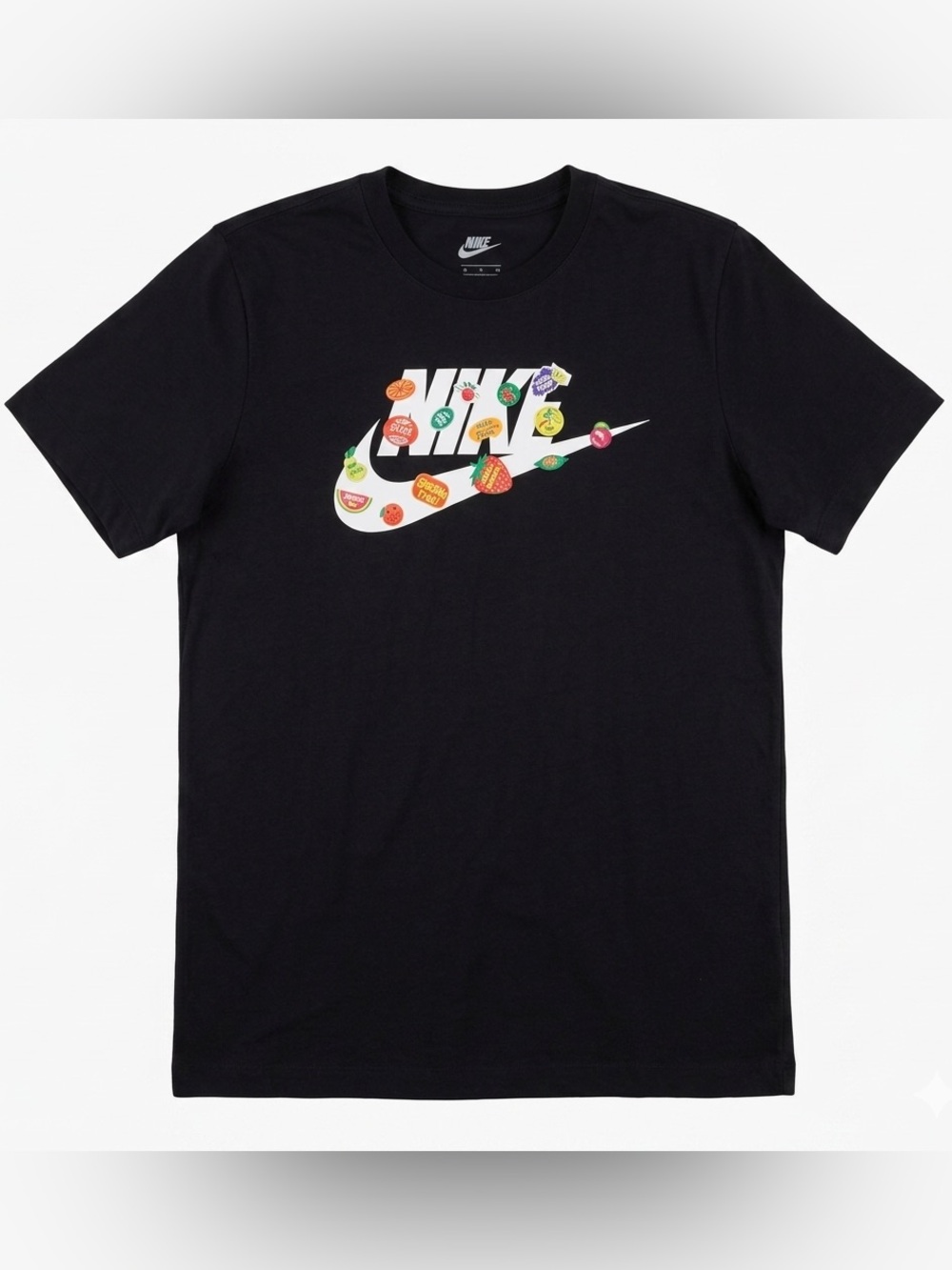 Nike Black Tee with White Swoosh and Multicolored Fruit Accents